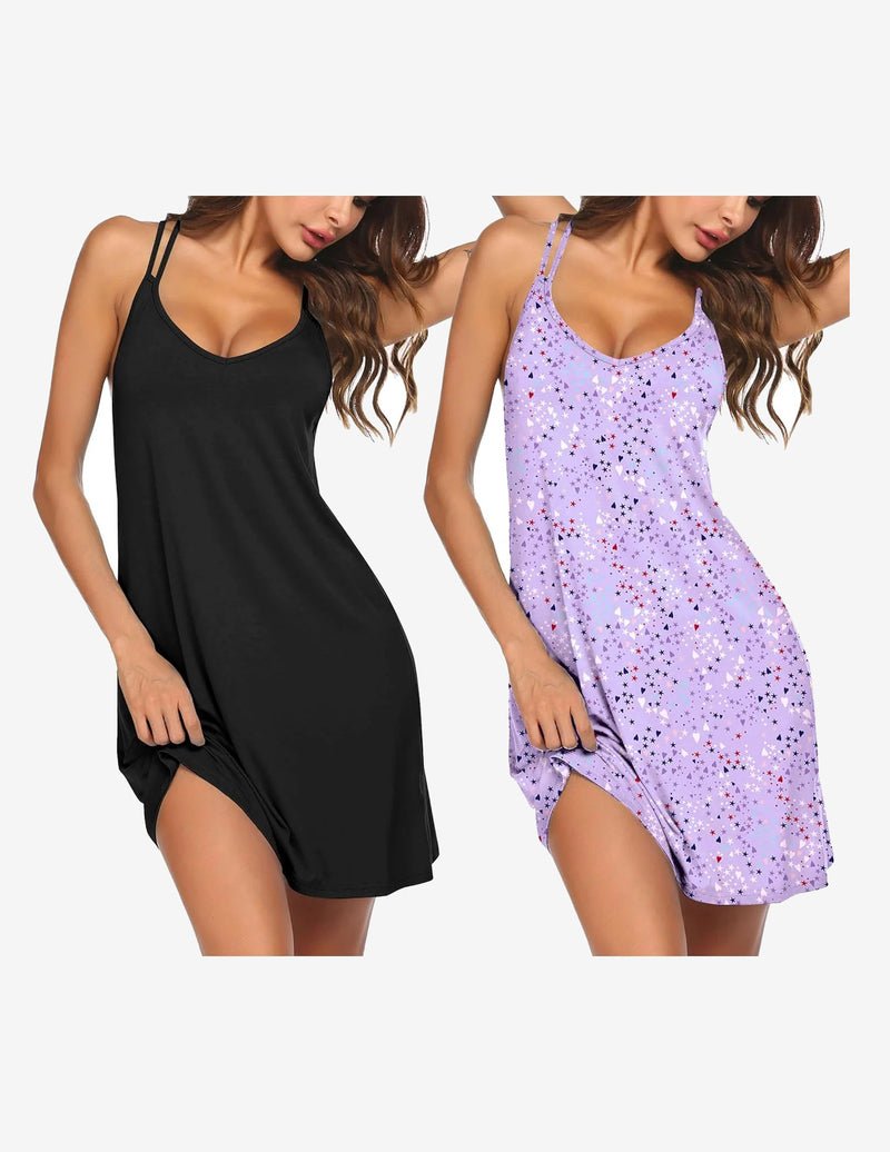 2-pack racerback nightshirt sleep dress: black solid and lavender star speckle print