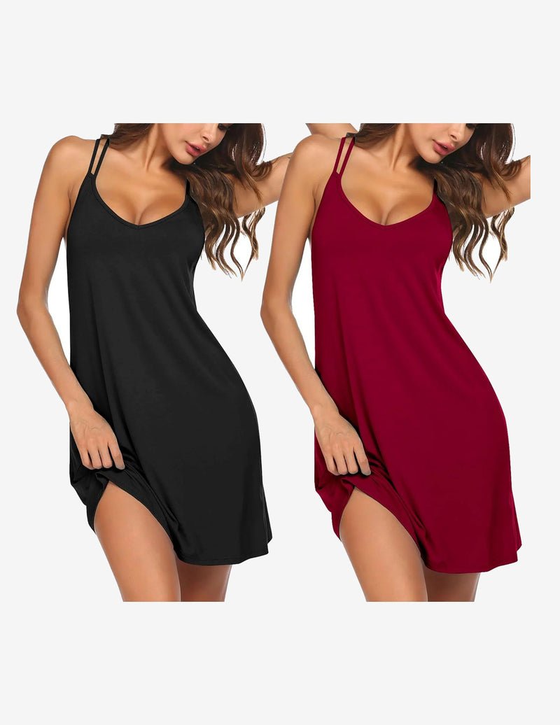 2-pack racerback nightshirt sleep dress: black solid and deep red solid, side slit