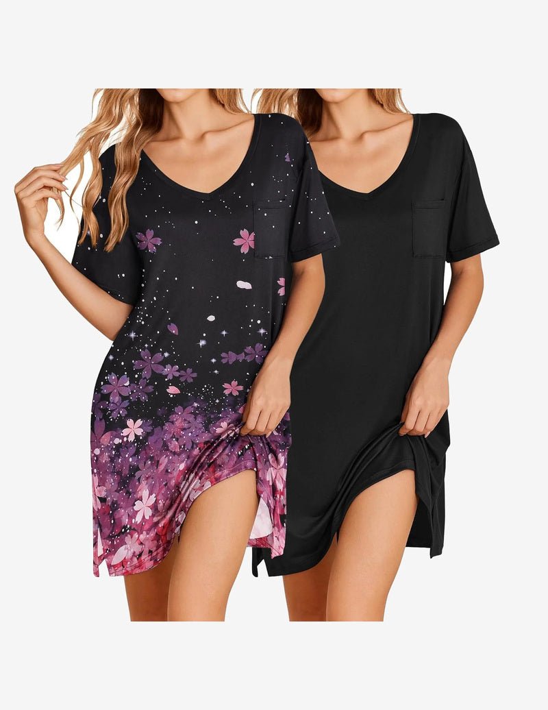 2 Pack nightgowns: black with purple floral print and solid black, short sleeve V-neck