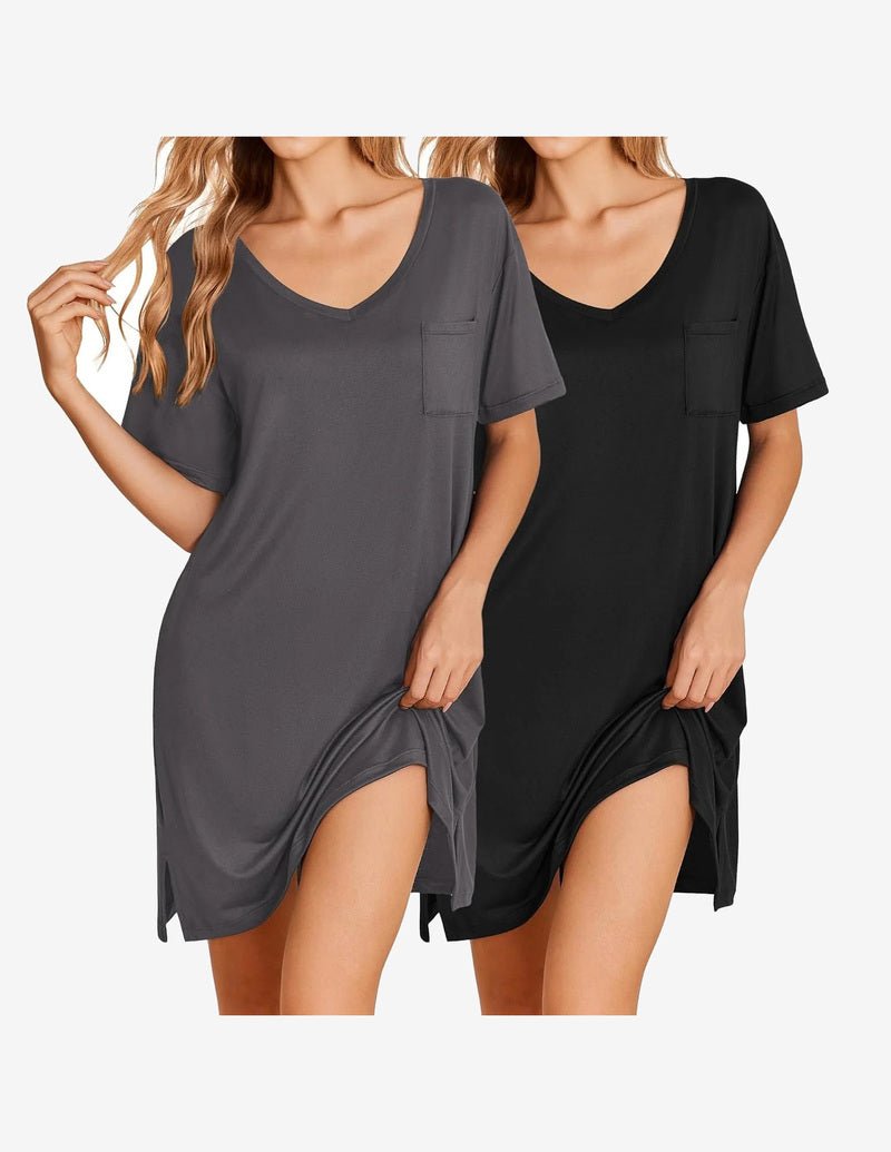 2 Pack nightgowns: charcoal gray and black, short sleeve V-neck with chest pocket