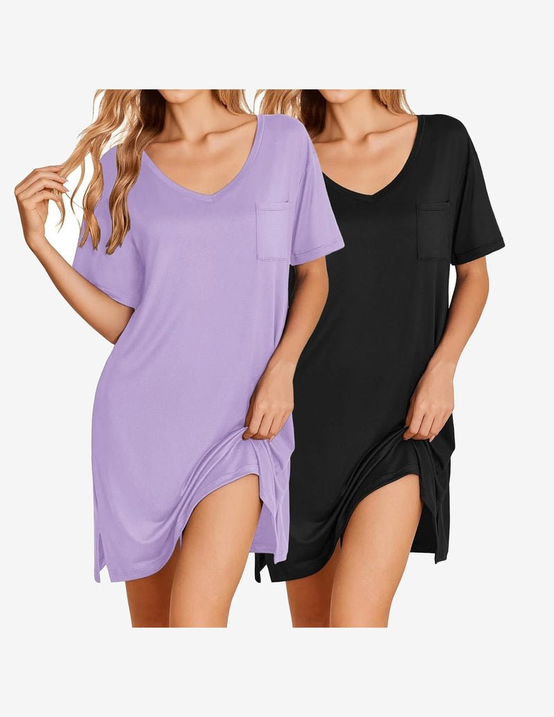 2 Pack nightgowns: lavender and black, short sleeve V-neck with front chest pocket