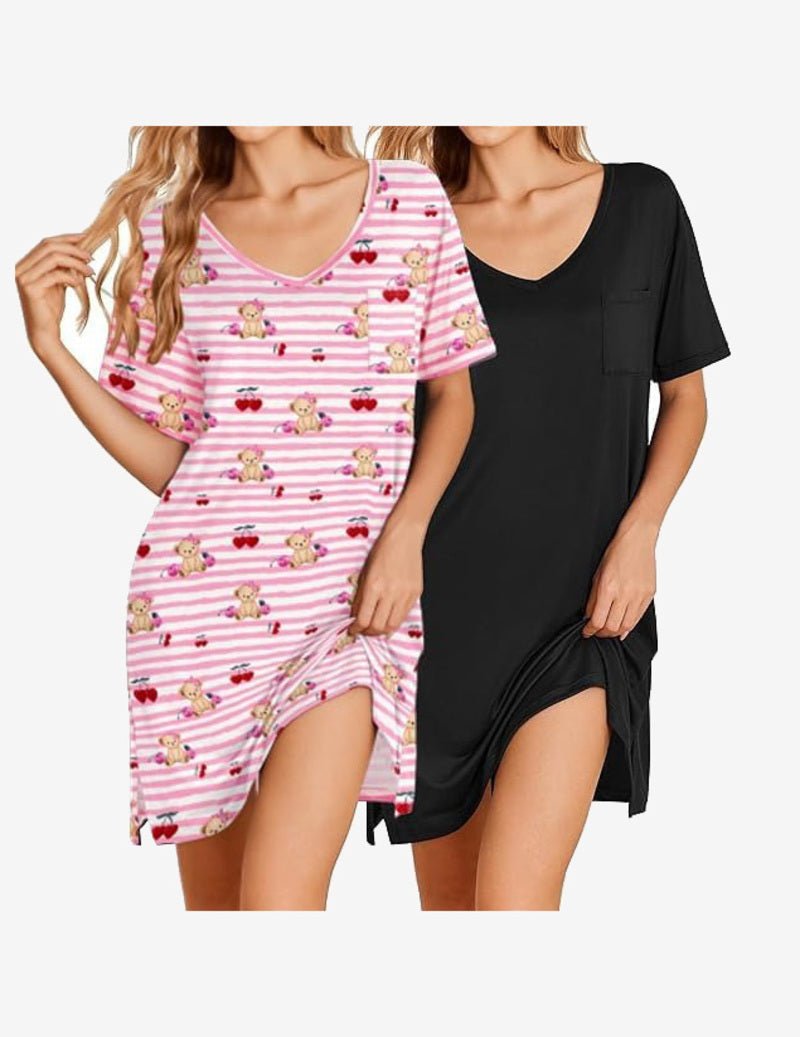 2-pack short-sleeve nightgowns: pink teddy stripe and solid black, V-neck