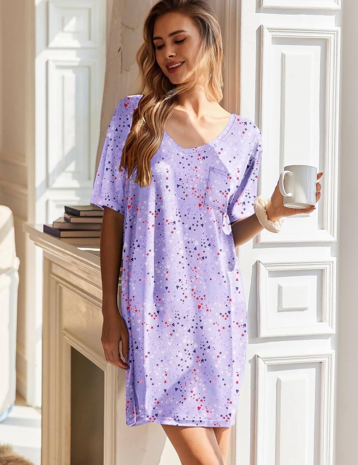 Light purple star print short-sleeve nightgown, V-neck, loose fit