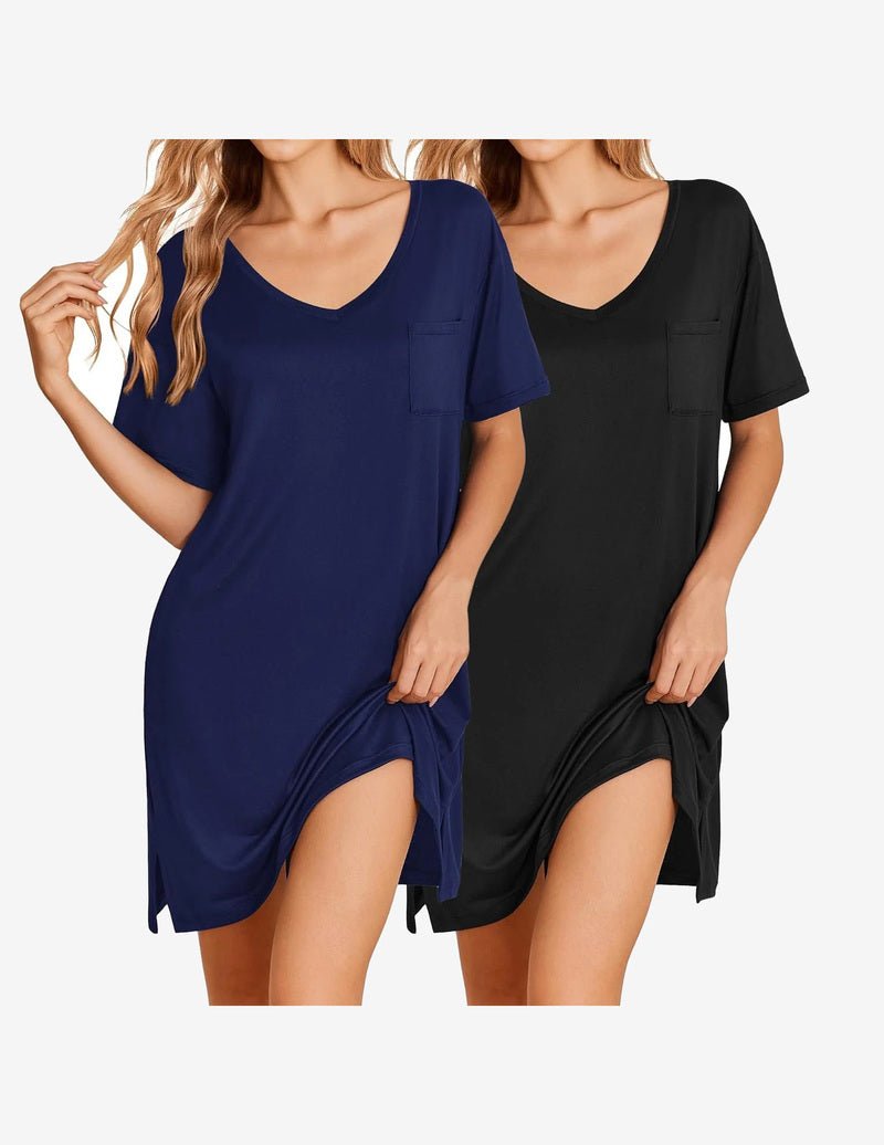 2 Pack nightgowns: navy blue and black, short sleeve V-neck sleep shirt with pocket
