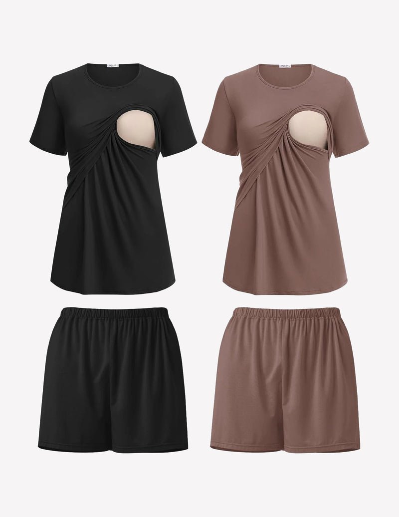 2-pack nursing pajama set, black and brown crew-neck tops with matching shorts