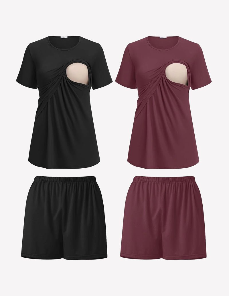 2-pack nursing pajama set, black and burgundy crew-neck tops with matching shorts
