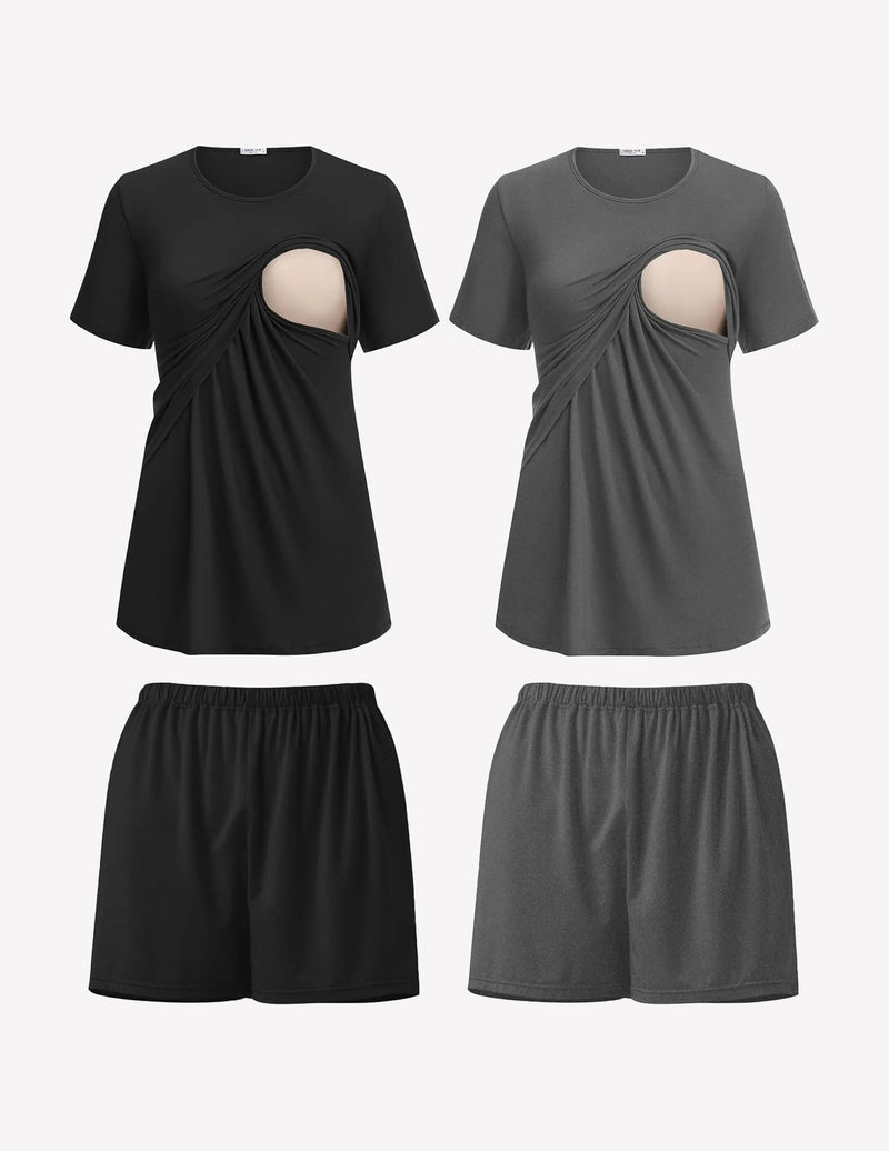 2-pack nursing pajama set: black & dark gray tops with nursing cutout, matching shorts