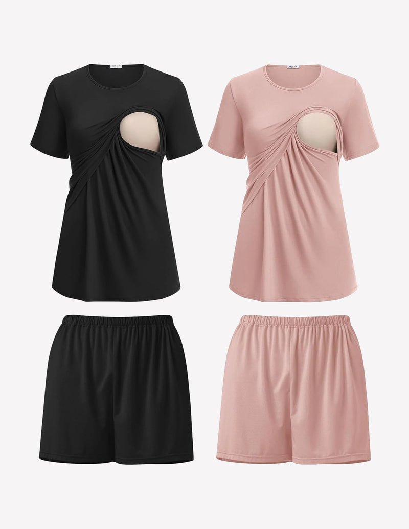 2-pack nursing pajama set, black and blush pink crew-neck tops with matching shorts