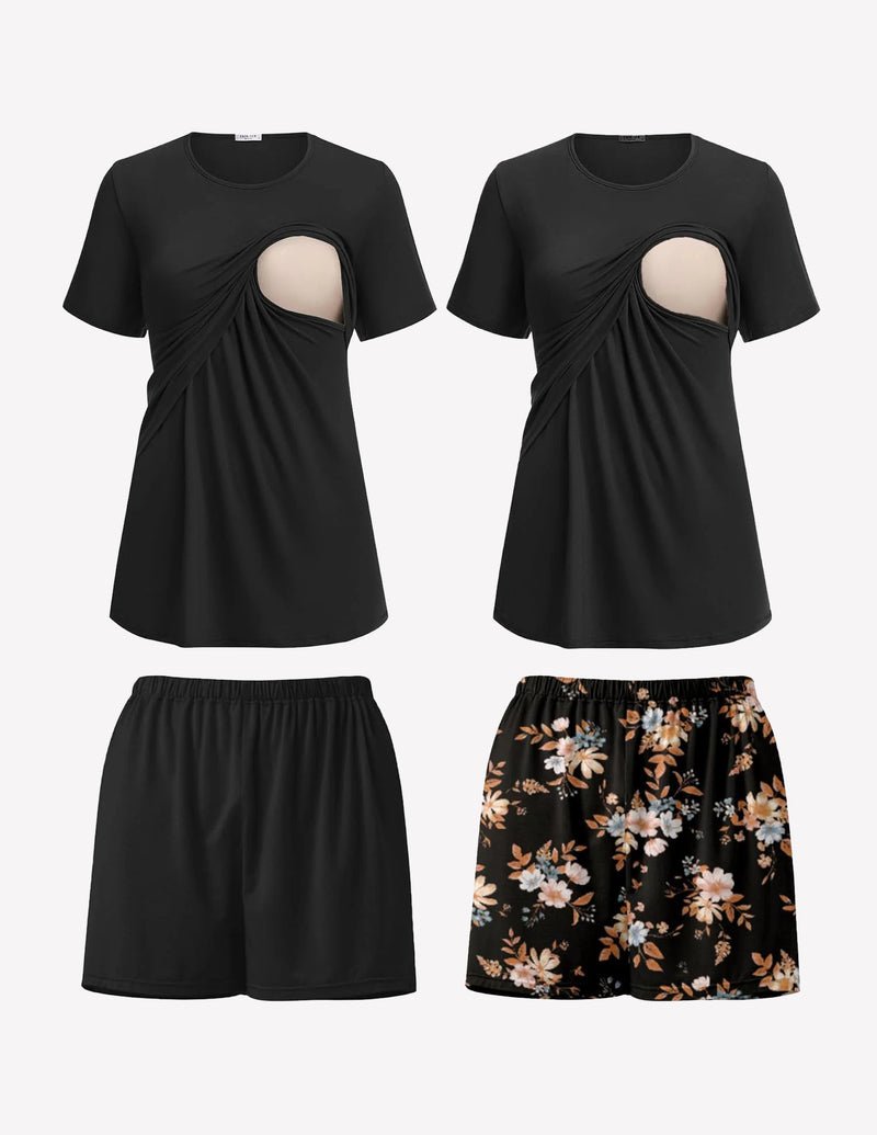 2-pack nursing pajama set: black tops with nursing cutout, one floral shorts set
