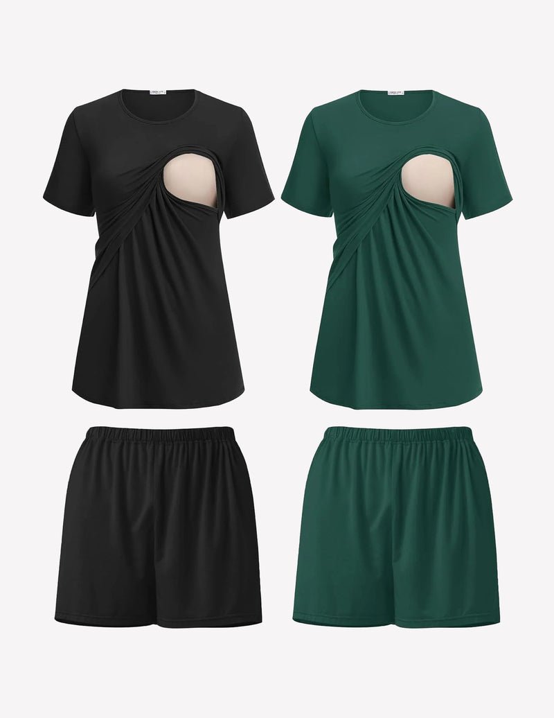 2-pack nursing pajama set, black and deep green crew-neck tops with matching shorts