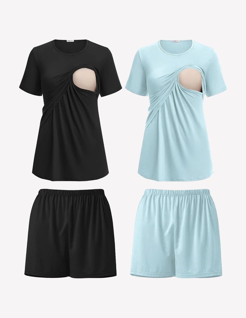 2-pack nursing pajama set: black & light blue tops with nursing cutout, matching shorts