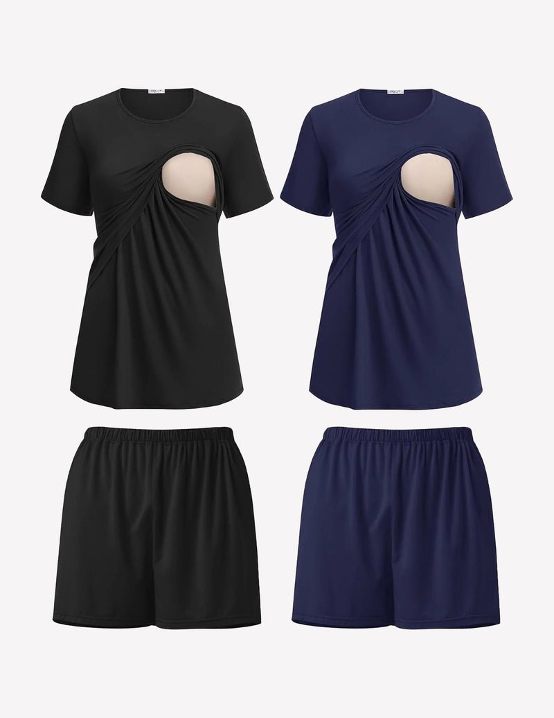 2-pack nursing pajama set: black & navy tops with nursing cutout, matching shorts