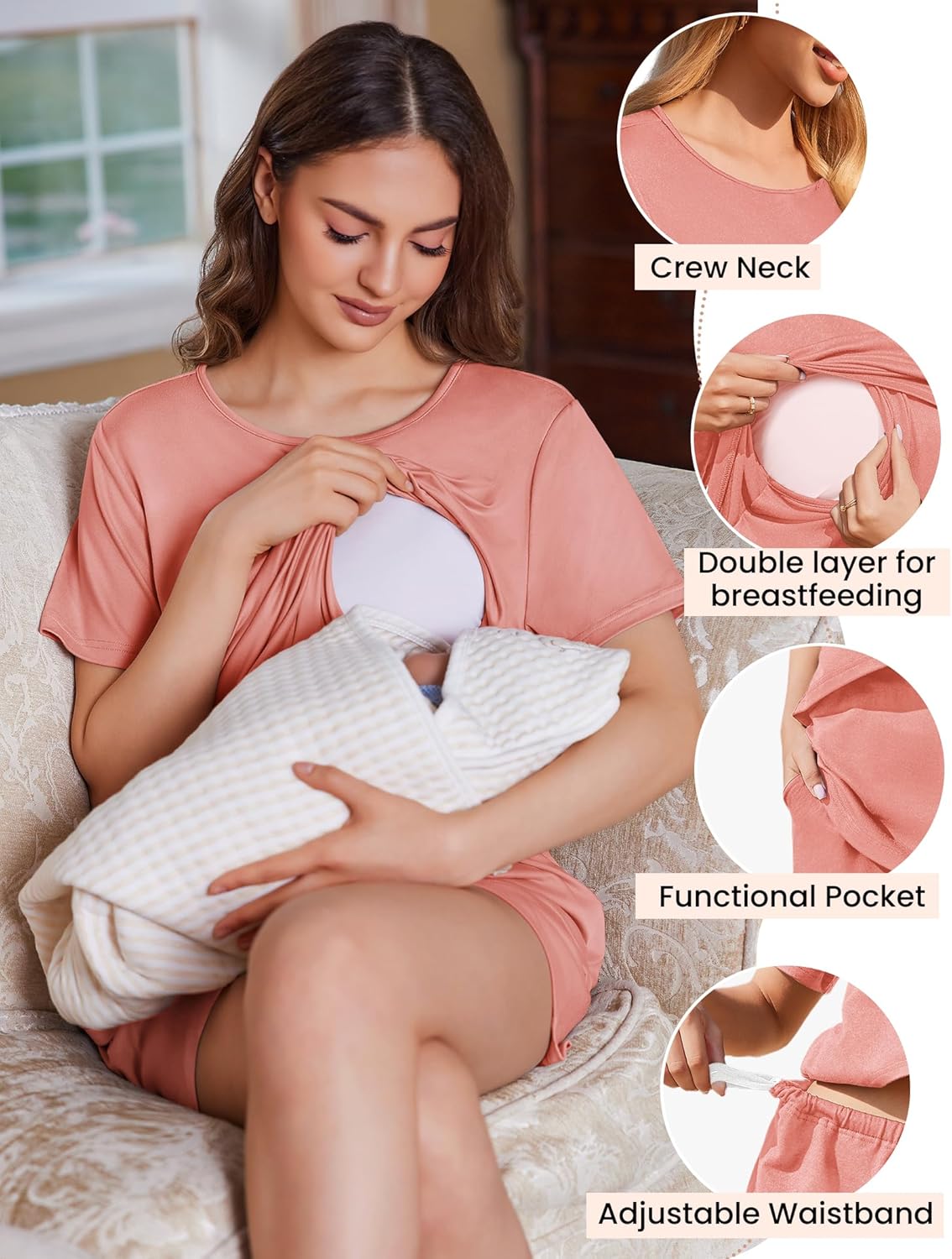 Peach nursing pajama set with crew neck, nursing cutout, adjustable waistband