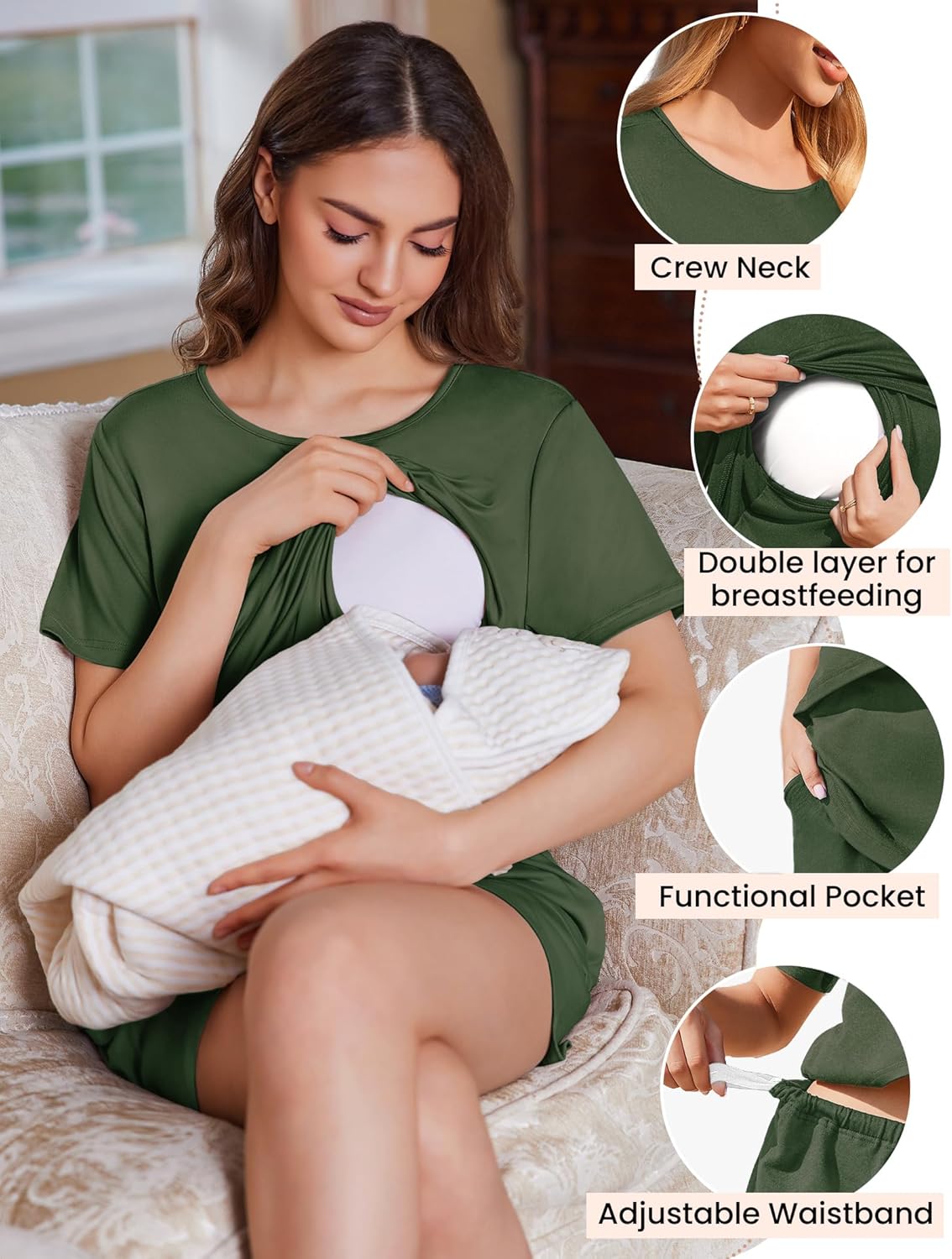 Deep green nursing pajama set with crew-neck double-layer top and matching shorts