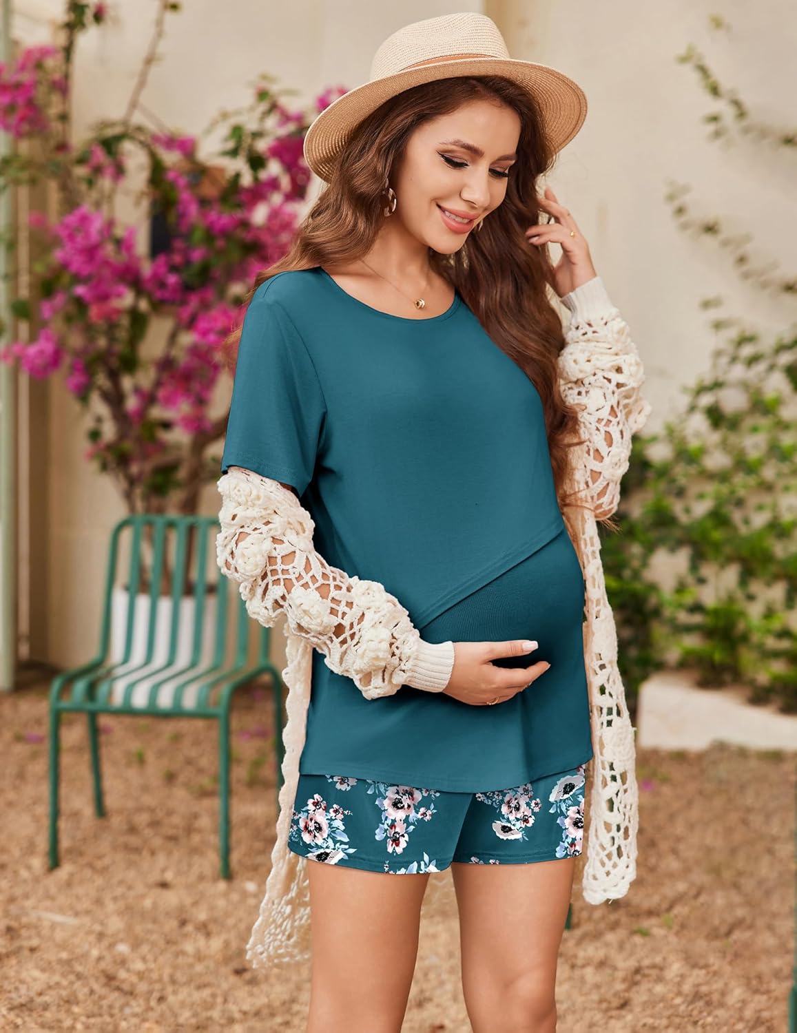 Maternity nursing pajama set, teal crew-neck top with floral shorts; double-layer breast access