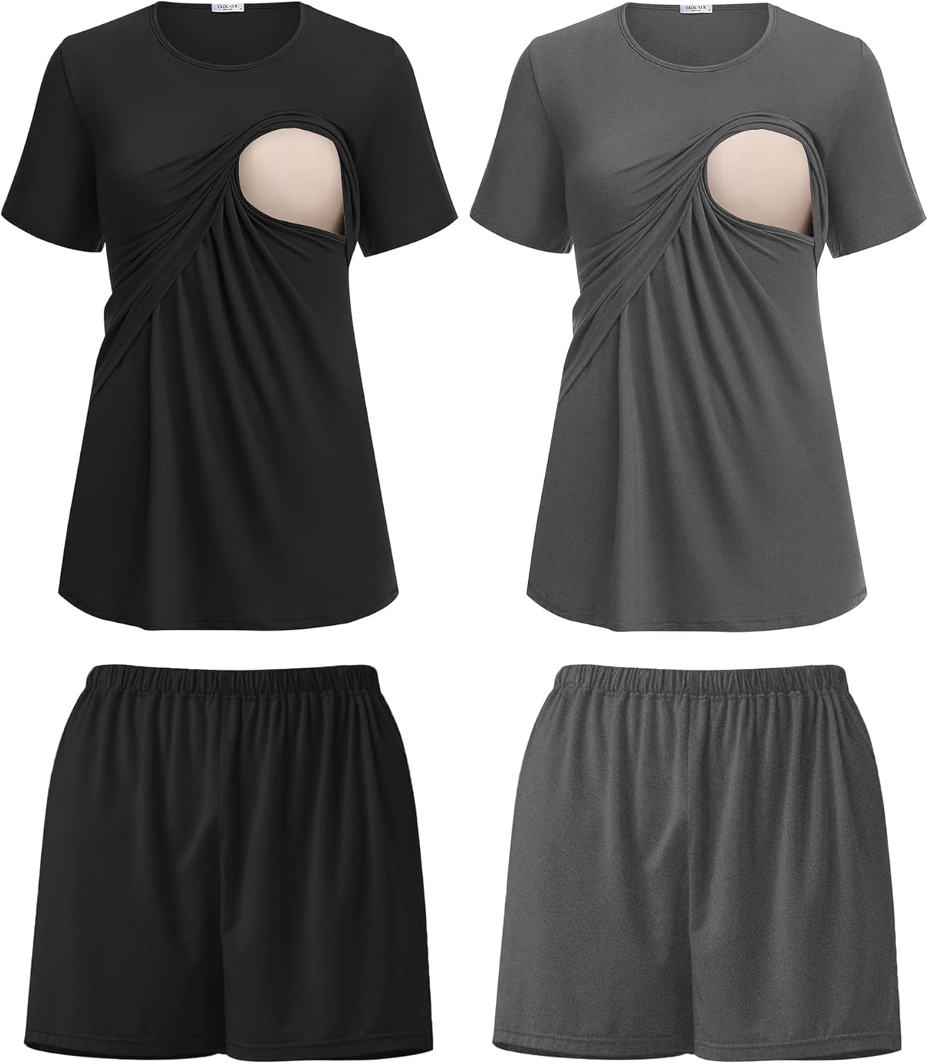 2-pack nursing pajamas: black + dark gray, nursing cutout double-layer top and shorts