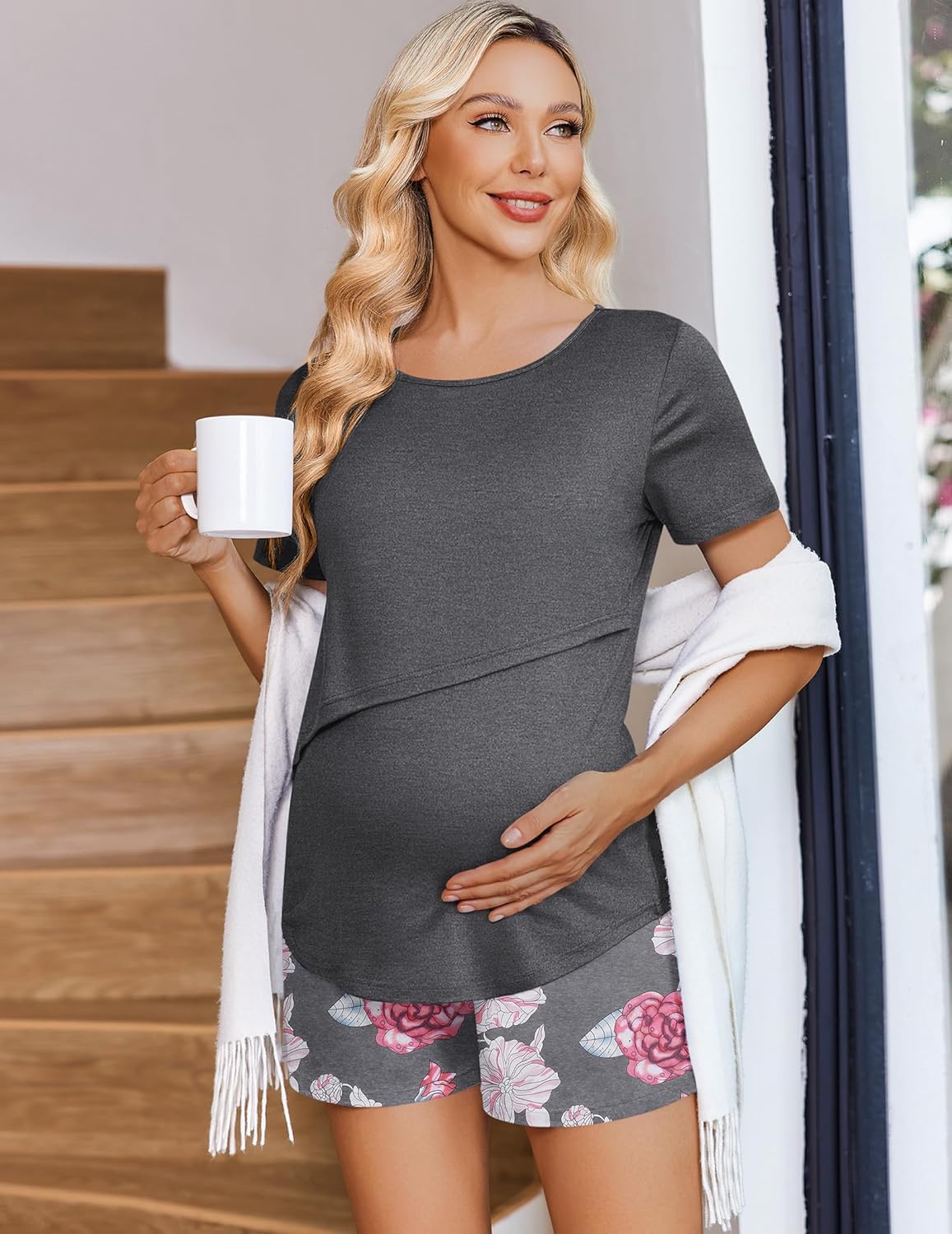 Maternity nursing pajama set, charcoal crew-neck top with floral shorts and side pocket