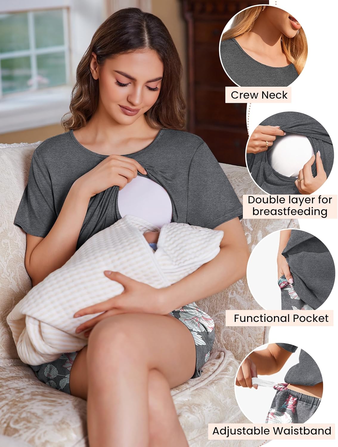 Dark gray nursing pajama set: crew-neck double-layer breast access top and matching shorts