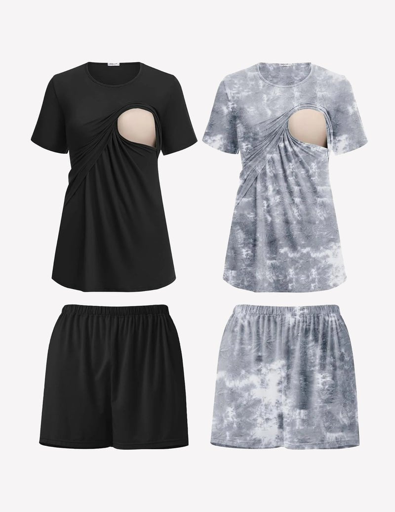 2-pack nursing pajamas: black + light gray tie-dye, double-layer top and shorts