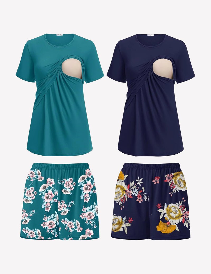 2-pack nursing pajama set: teal & navy tops with nursing cutout, floral shorts