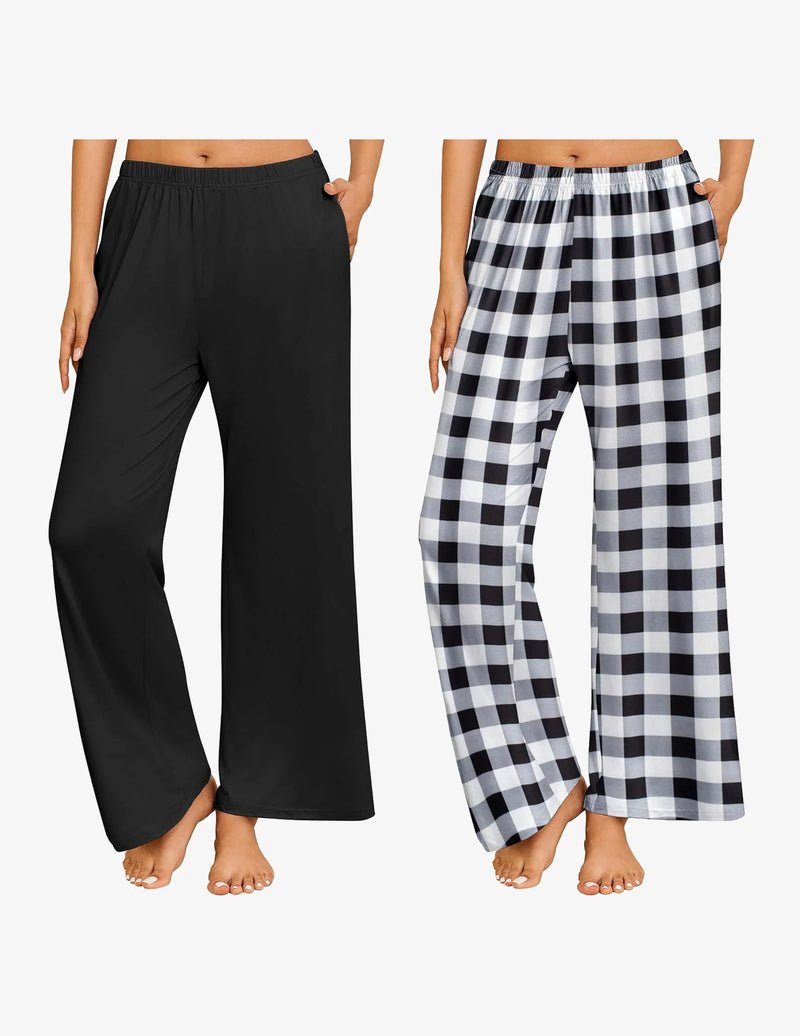 Two-pack wide-leg pajama pants: black solid and black-and-white plaid, elastic waist