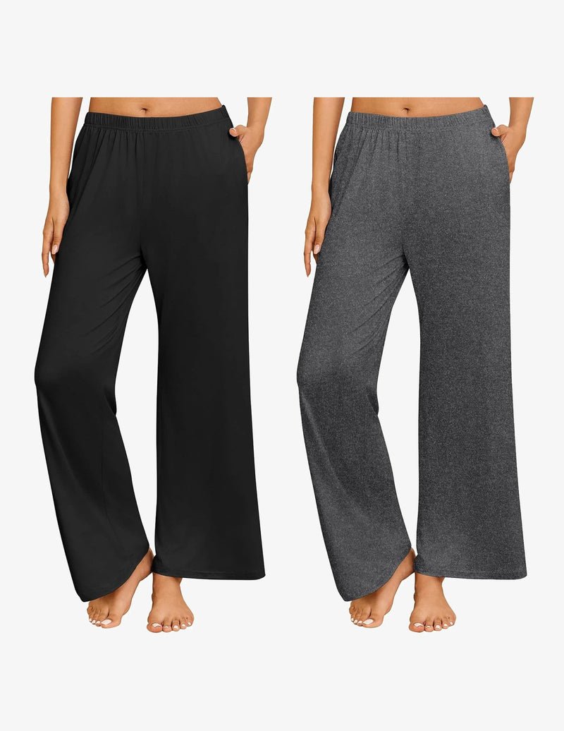 Two-pack wide-leg pajama pants: black and dark gray, elastic waist, ankle hem