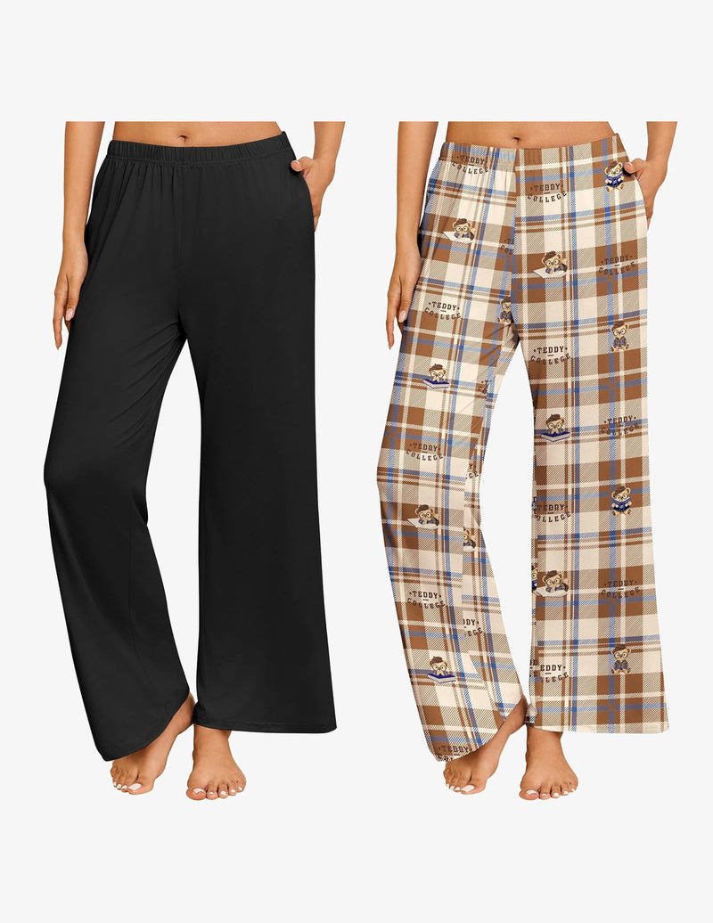 Two-pack wide-leg pajama pants: black solid and tan plaid with bear icons