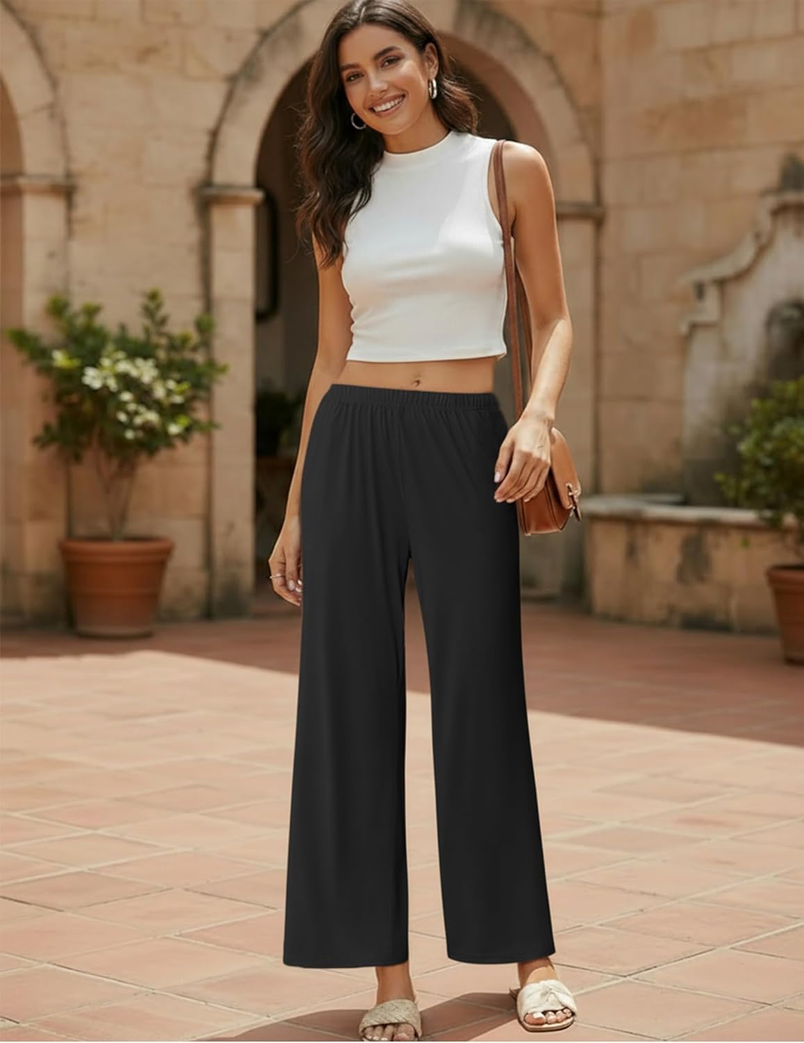 Black wide-leg pajama pants with elastic waistband
