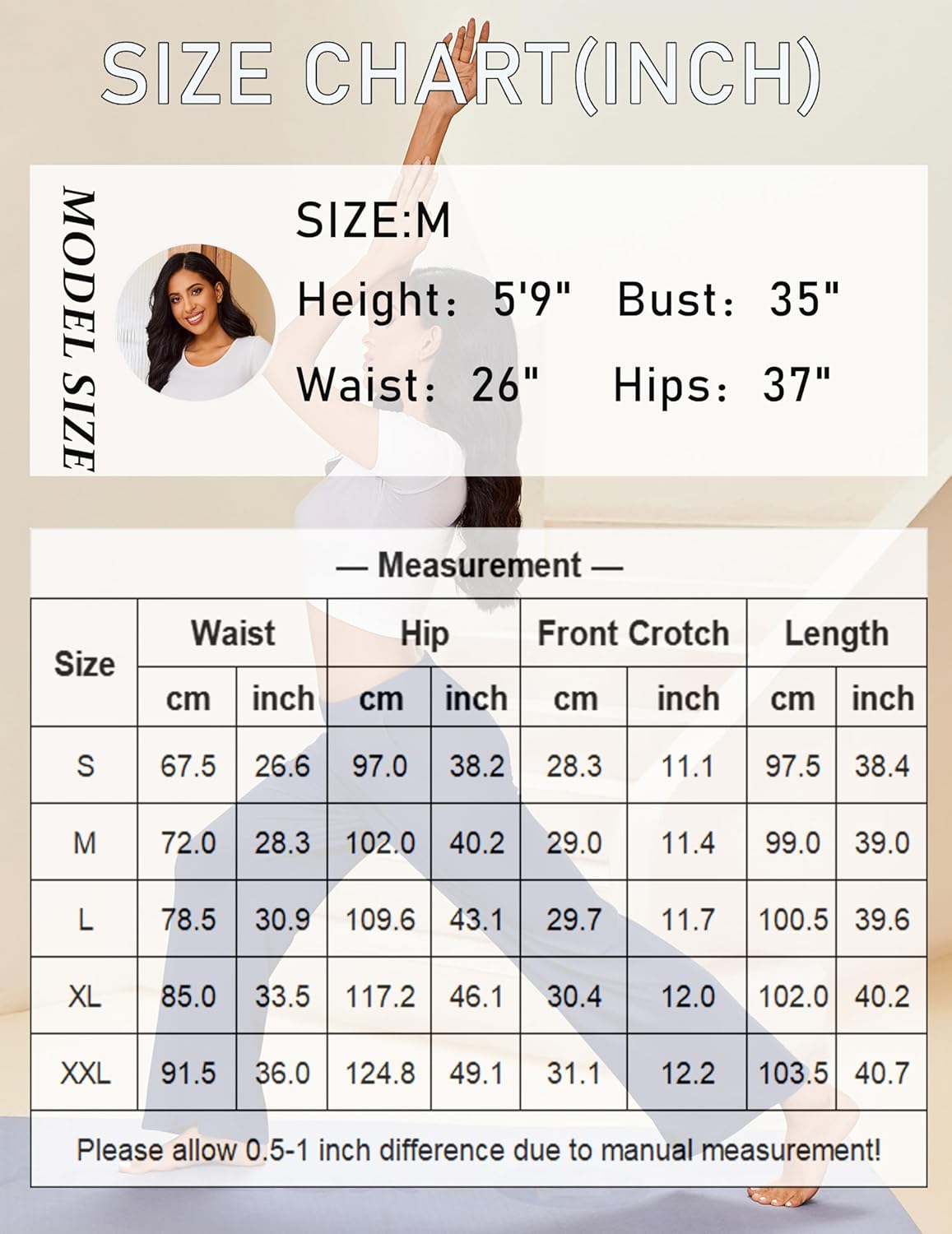 Pajama pants size chart showing measurements in inches for sizes S–XXL