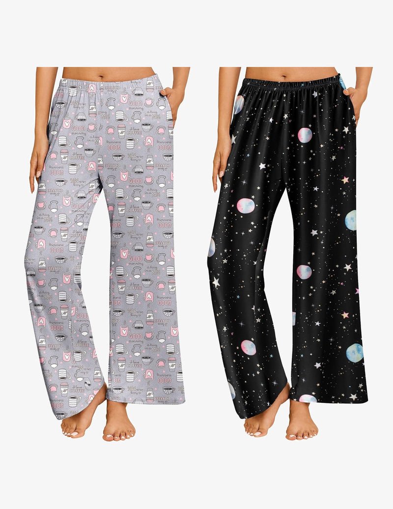 2-pack pajama pants set: light gray cartoon print and black space/star print wide-leg