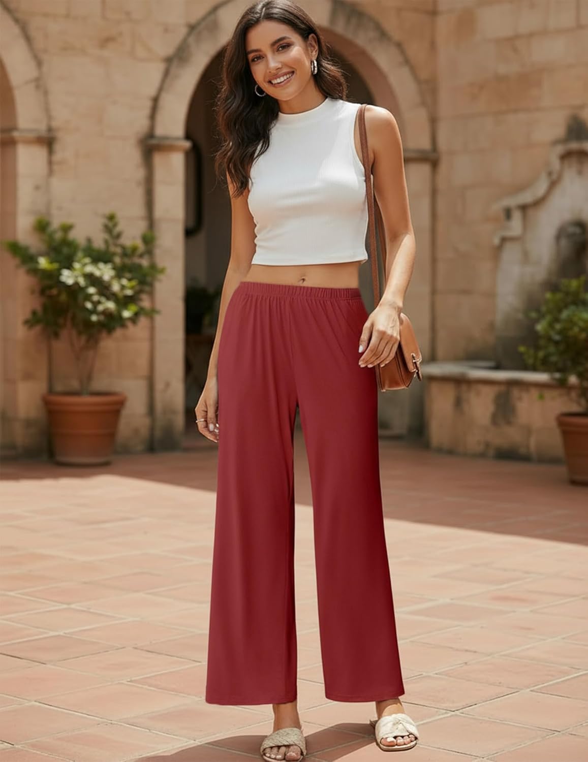 Wine red wide-leg pajama pants with elastic waistband and ankle-length hem