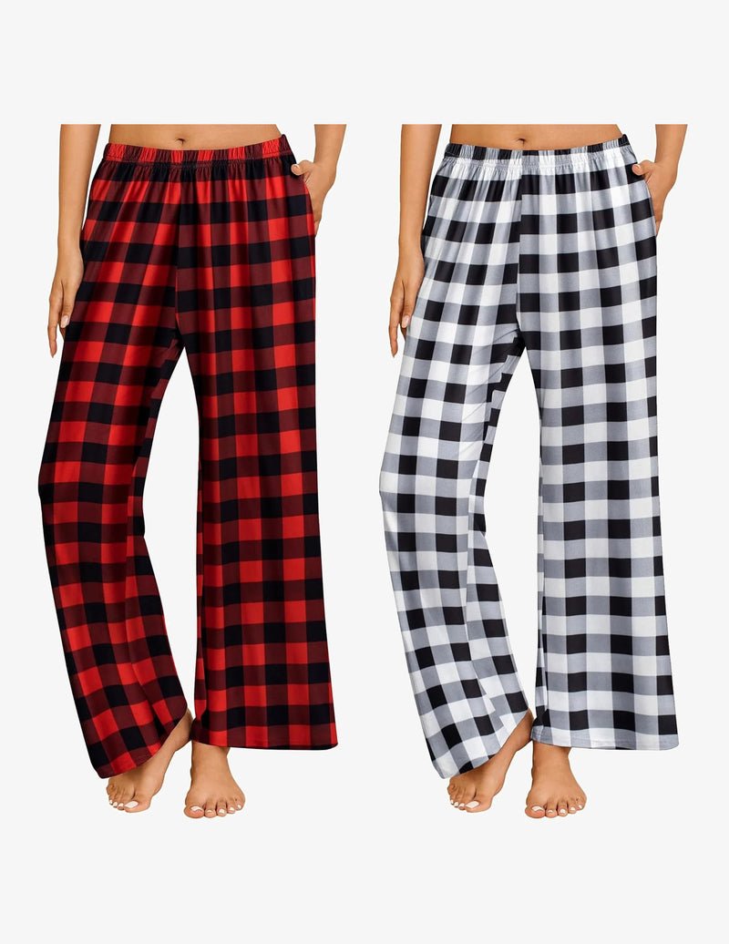 Two-pack wide-leg pajama pants: red-and-black plaid and black-and-white plaid