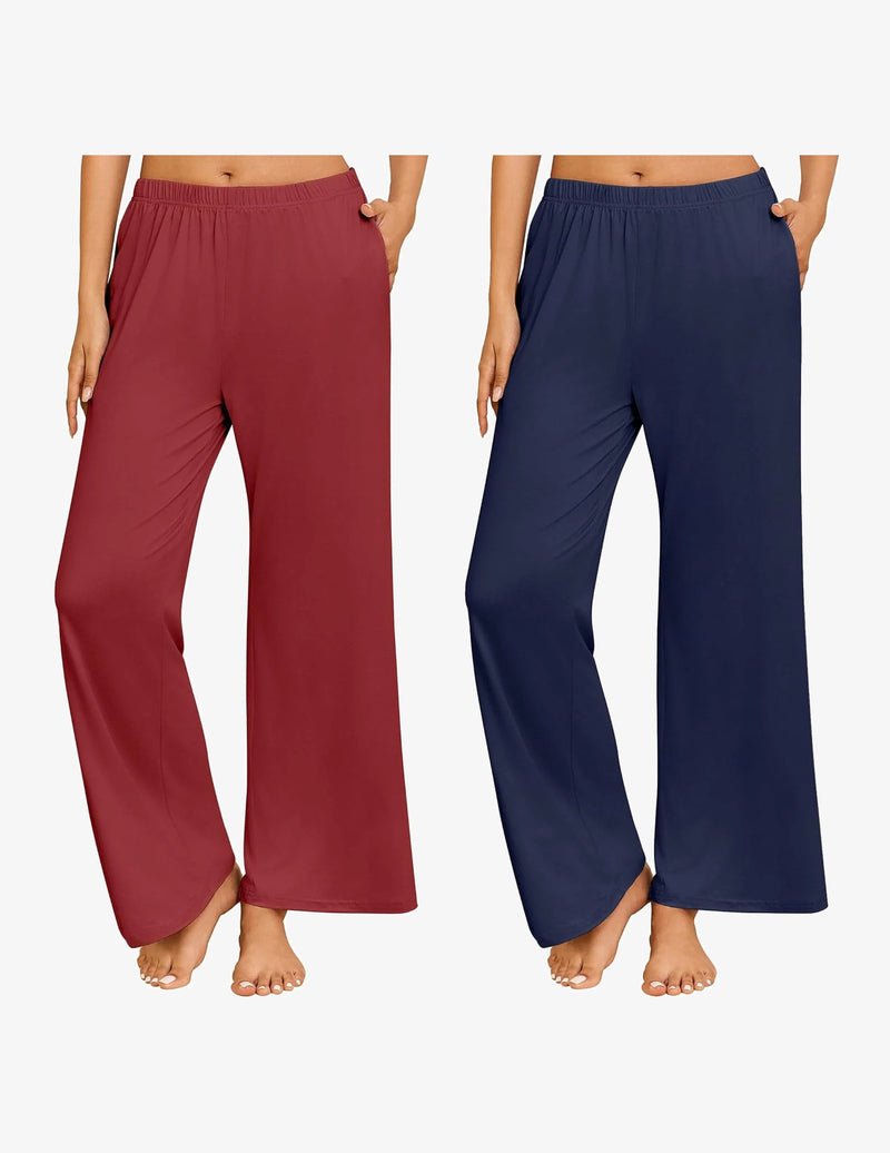Two-pack wide-leg pajama pants: wine red and navy, elastic waist, ankle hem