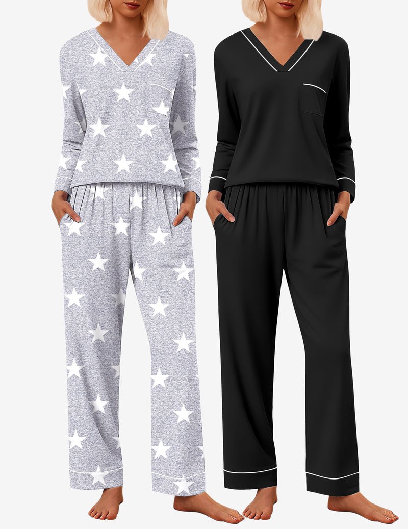 2er-Pyjama-Set Langarm V-Ausschnitt mit langen Hosen, Sterne in Grau