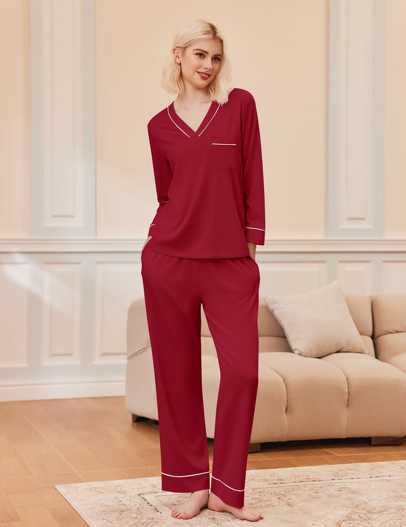 2-pack pajama set, long-sleeve V-neck top and matching pants in deep red