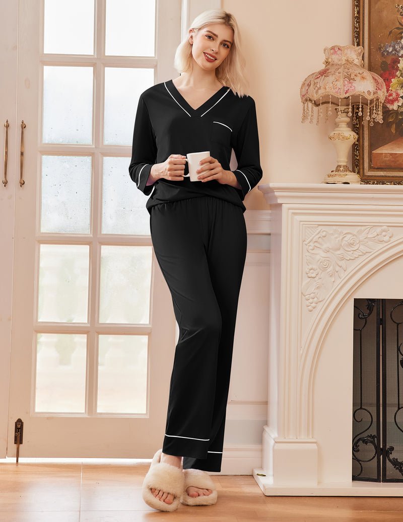 2er-Pyjama-Set Langarm V-Ausschnitt mit Taschen und langen Hosen, Schwarz