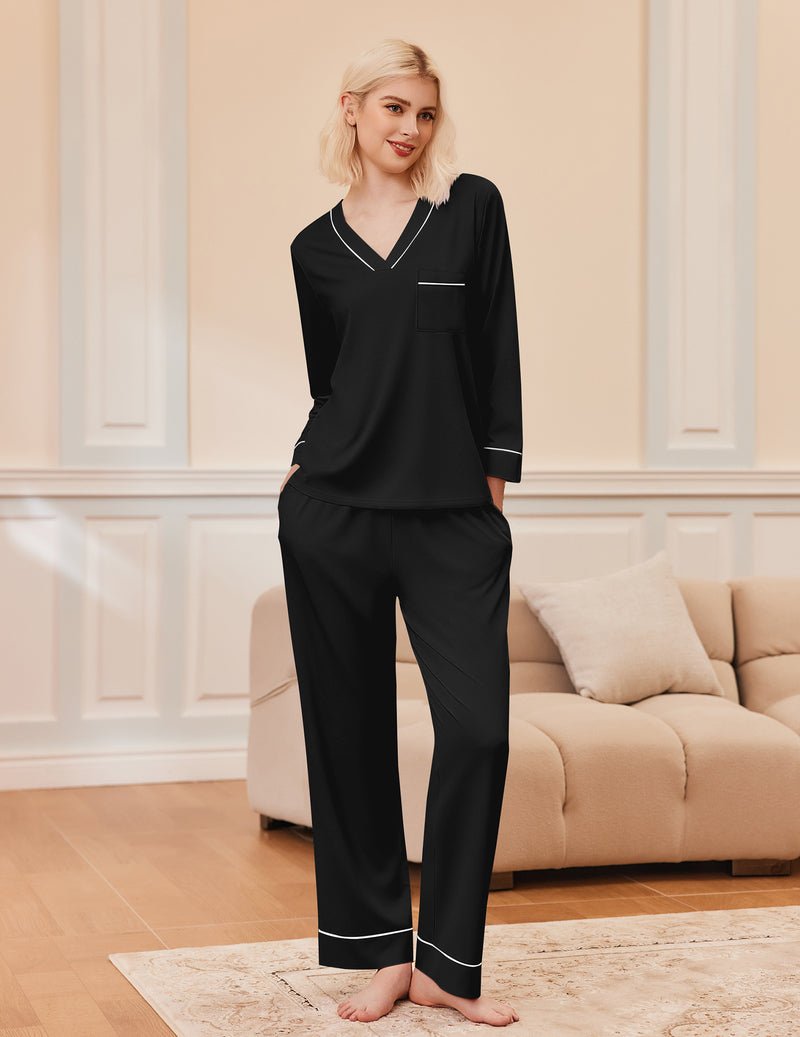 2er-Pyjama-Set Langarm V-Ausschnitt und lange Hose, Schwarz mit Kontrastkanten