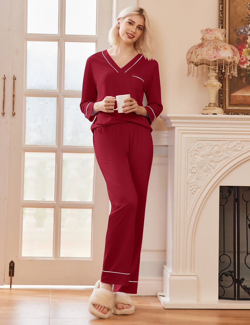 2-pack pajama set, long-sleeve V-neck top with matching long pants in deep red