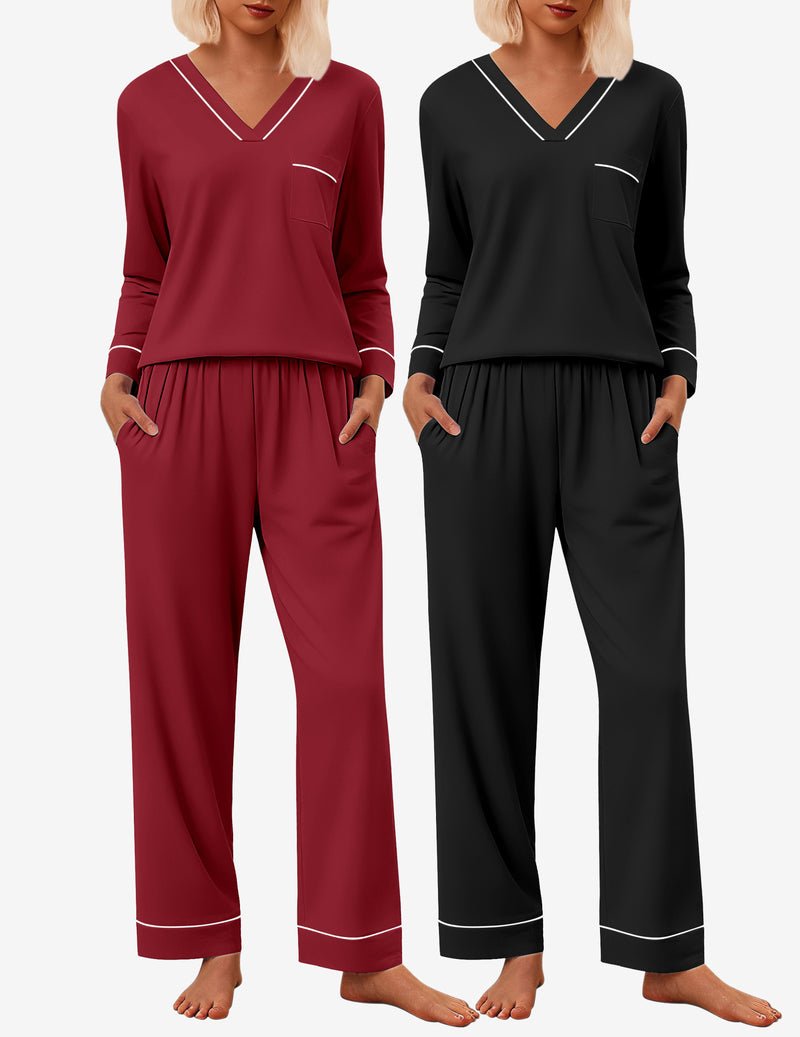 2-pack pajama set: maroon V-neck top and black long-sleeve matching pants