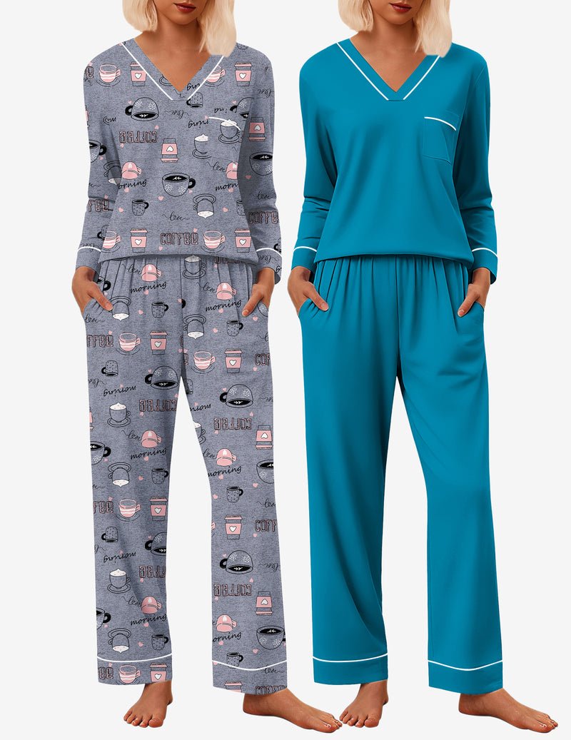 2-pack pajama set: gray coffee/cup print set and teal long-sleeve matching pants