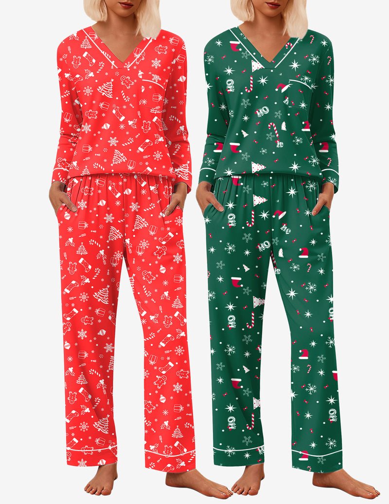 2er-Pyjama-Set Langarm V-Ausschnitt und lange Hose, Weihnachtsmotive in Rot/Grün