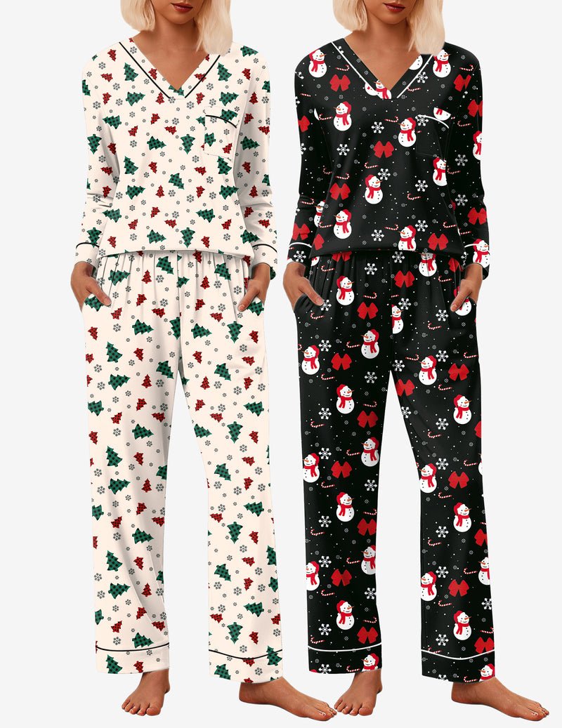 2er-Pyjama-Set Langarm V-Ausschnitt und lange Hose, Weihnachtsmotive (weiß/rot/grün)