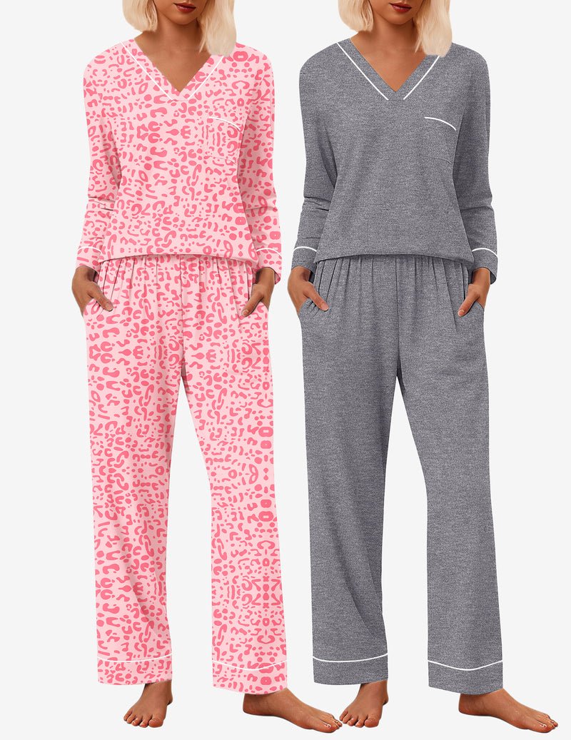 2-pack pajama set: pink leopard print top and gray solid V-neck matching pants