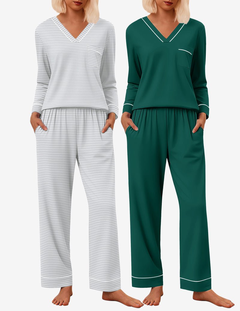 2-pack pajama set: gray-and-white striped top and green long-sleeve V-neck pants