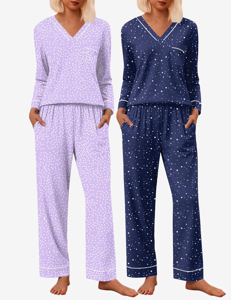 2-pack pajama set: lavender star-dotted set and navy blue dotted matching pants