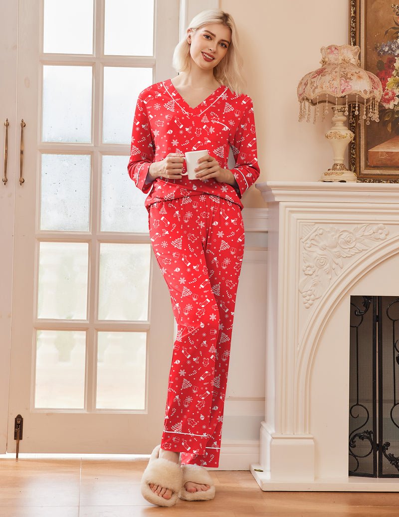 Red V-neck long-sleeve pajama set with small winter motifs, matching pants