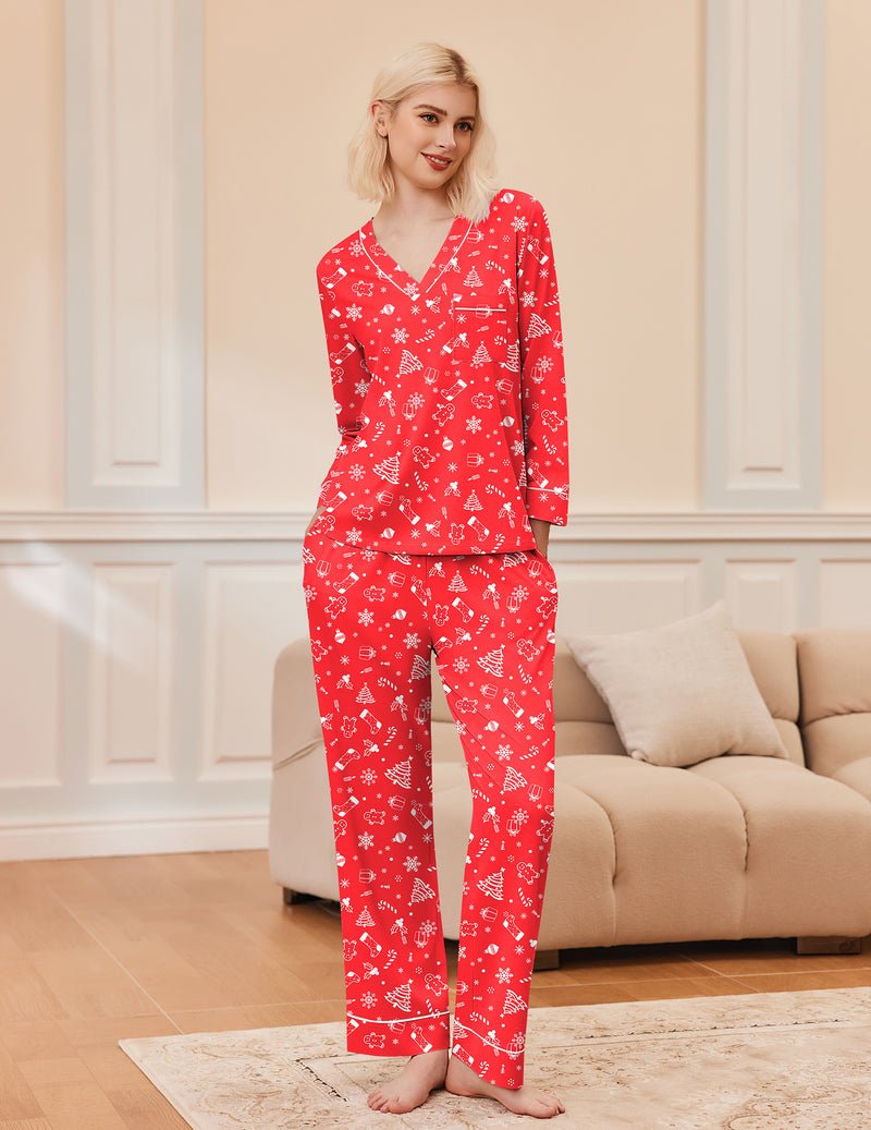 Red long-sleeve V-neck pajama set with winter print, matching long pants
