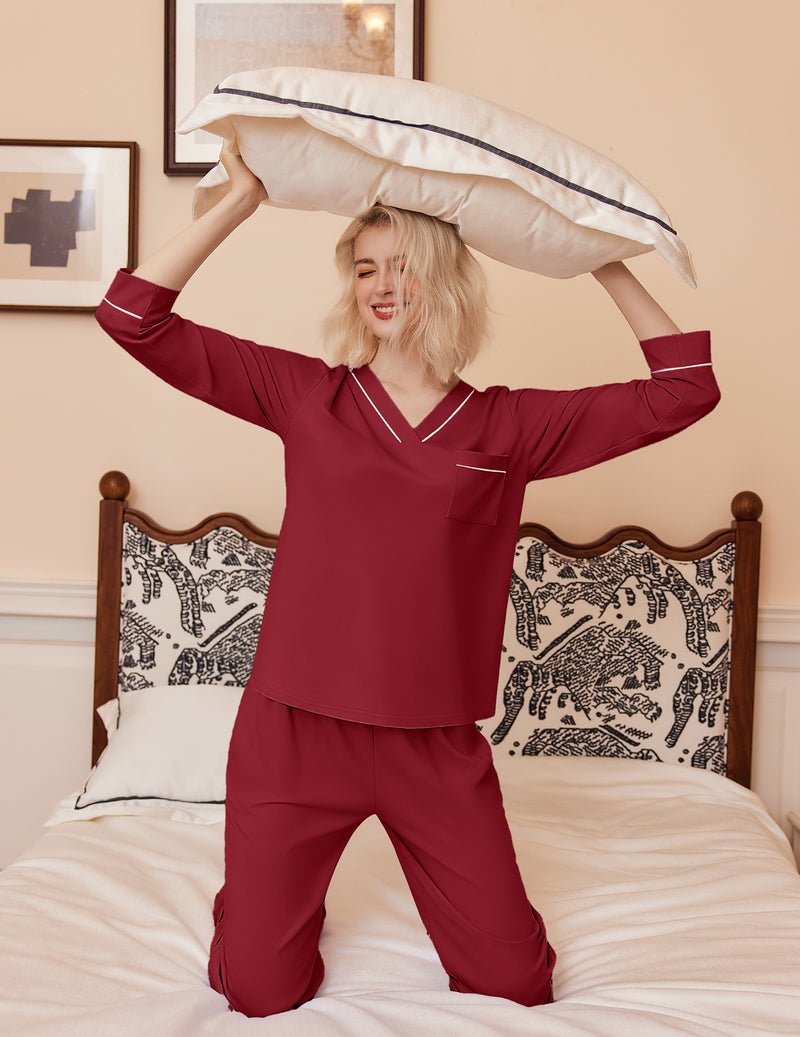 Wine red long-sleeve V-neck pajama set with relaxed pants