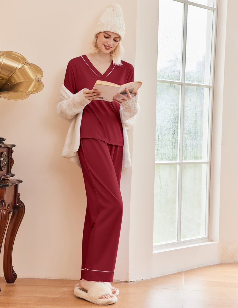 Wine red long-sleeve V-neck pajama set with matching long pants