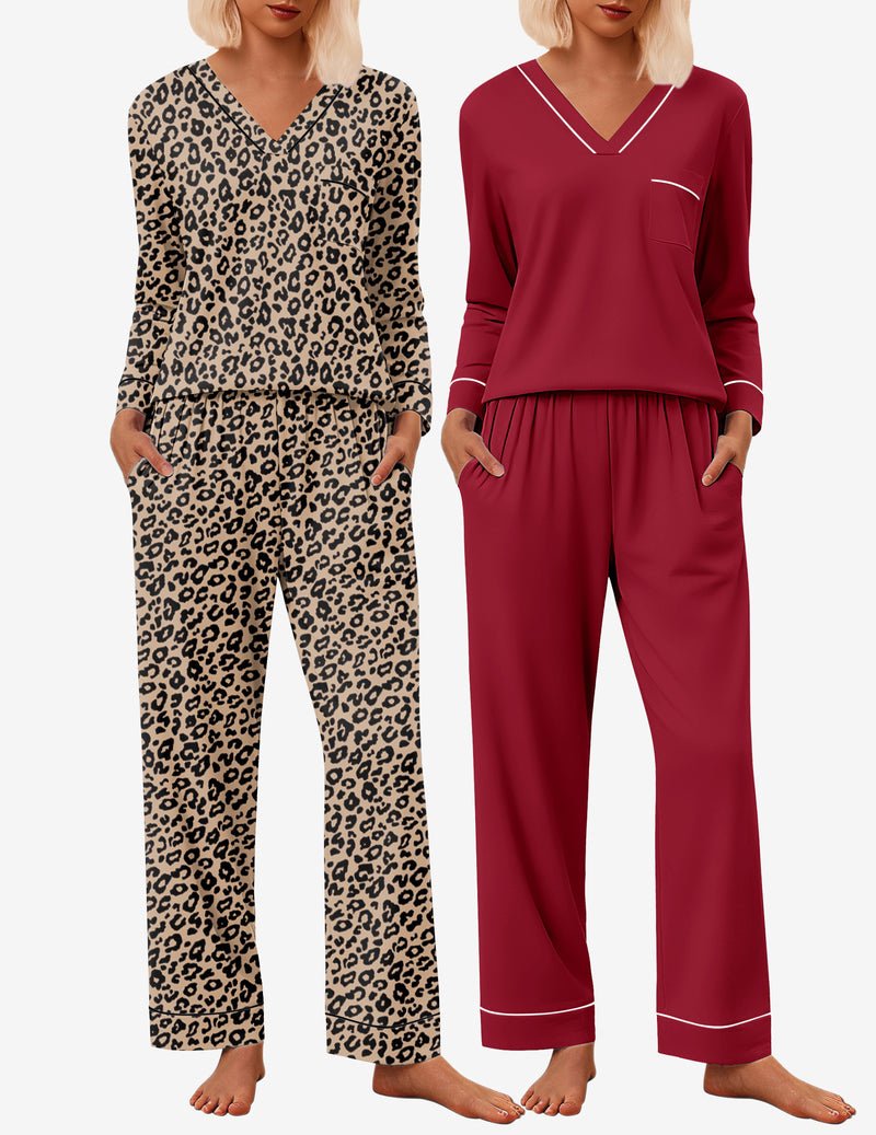 2-pack pajama set: leopard print long-sleeve V-neck and burgundy matching pants